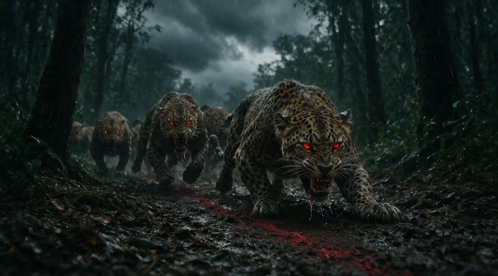 Red-eyed wolves advancing through a forest
