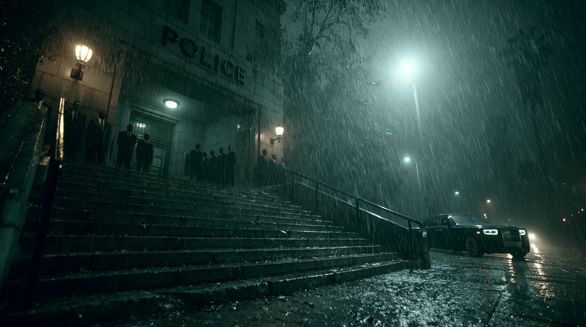 Police station steps on a rainy night