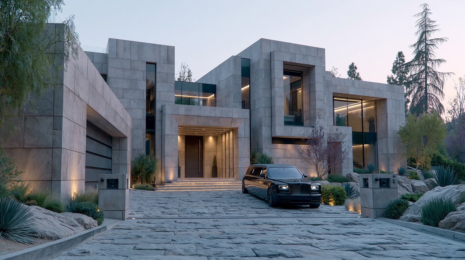 Modern mansion with a black car outside