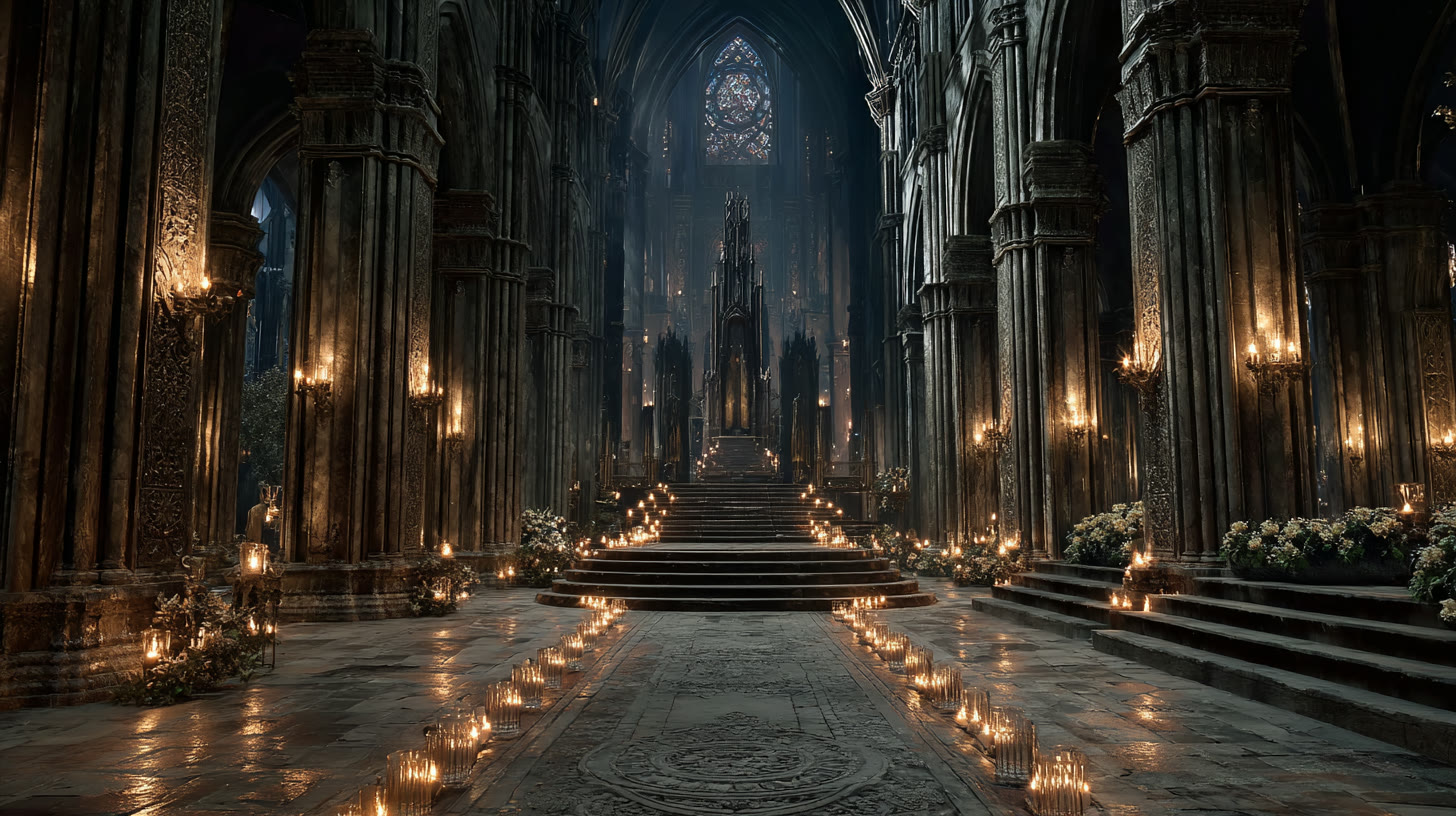 Candlelit aisle inside a stone cathedral