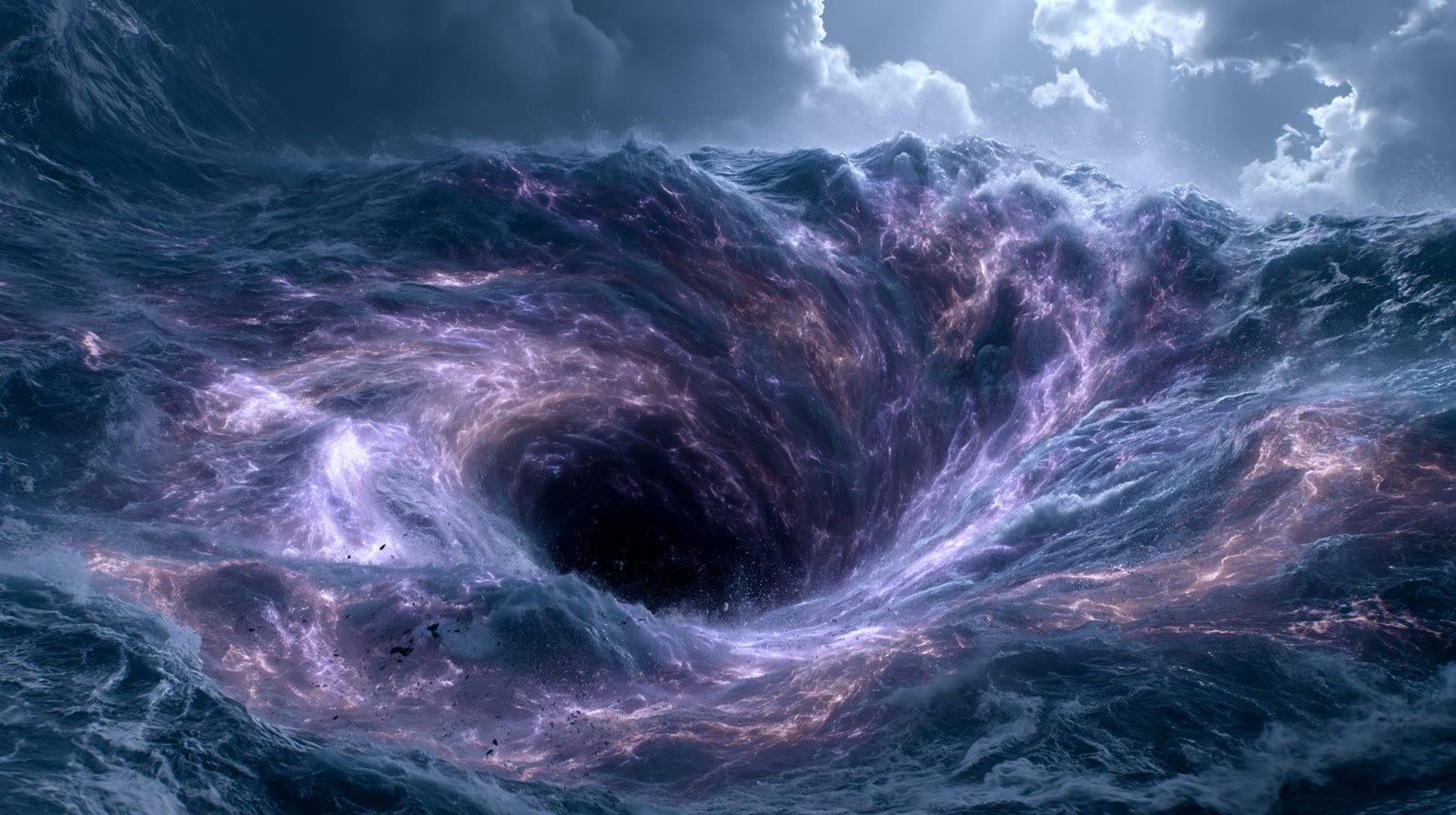 Vast ocean vortex beneath storm clouds