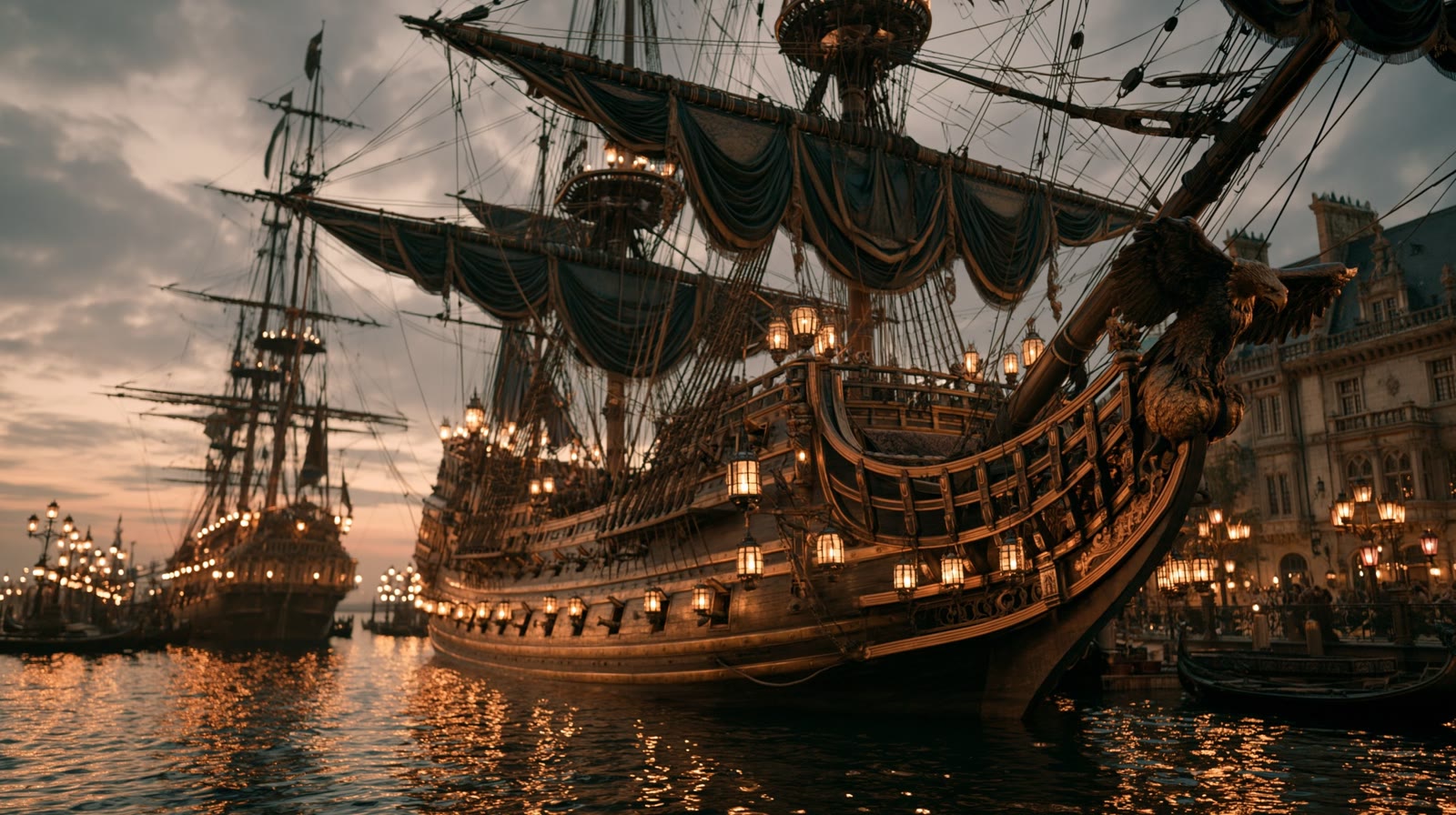 Tall ship moored in a lantern-lit harbor