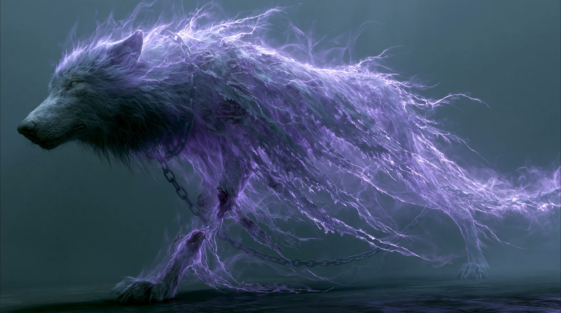 Spectral purple wolf running through darkness