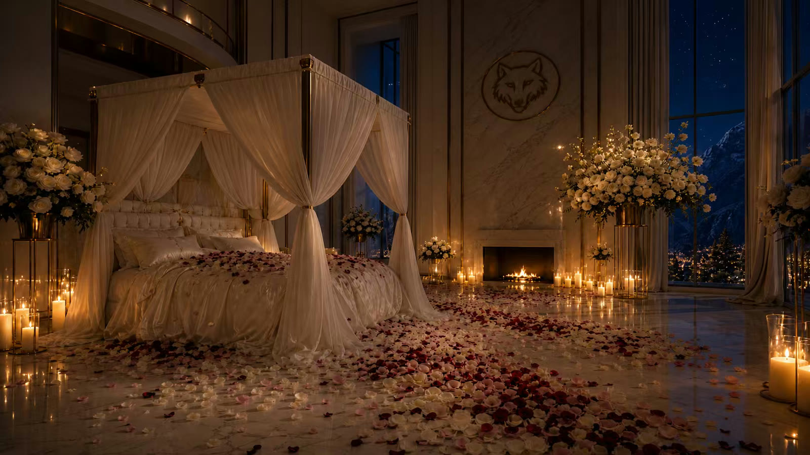 Canopy bed surrounded by flowers