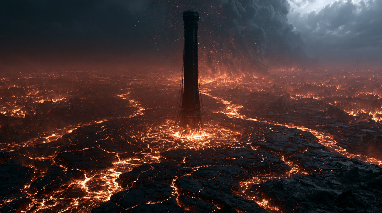 Stone tower rising from a volcanic field